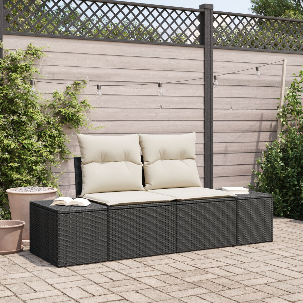 2-Sitzer Garten-Sofa mit Stauraum & Kissen Schwarz Poly Rattan