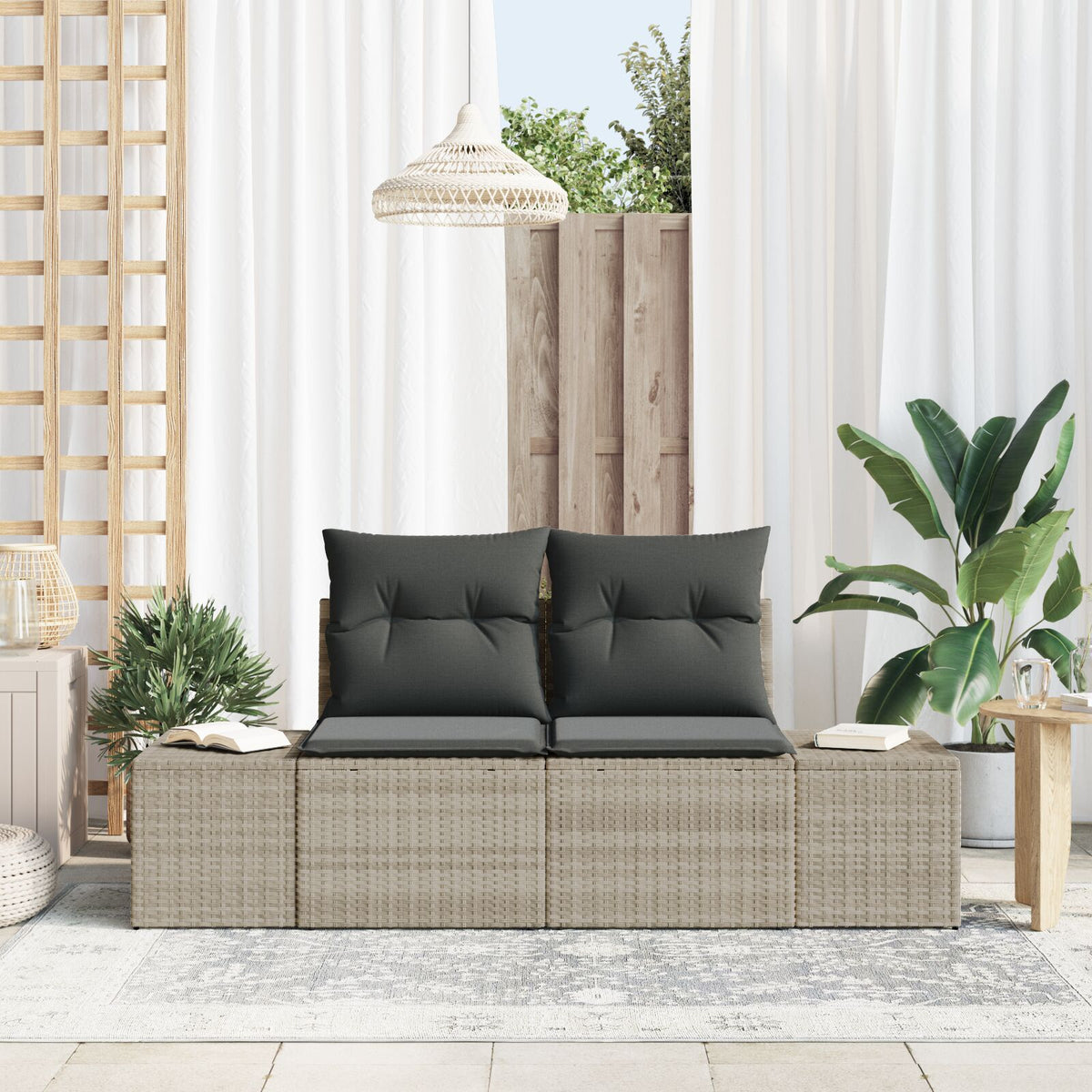 2-Sitzer Garten Sofa mit Stauraum & Kissen Graues Poly-Rattan
