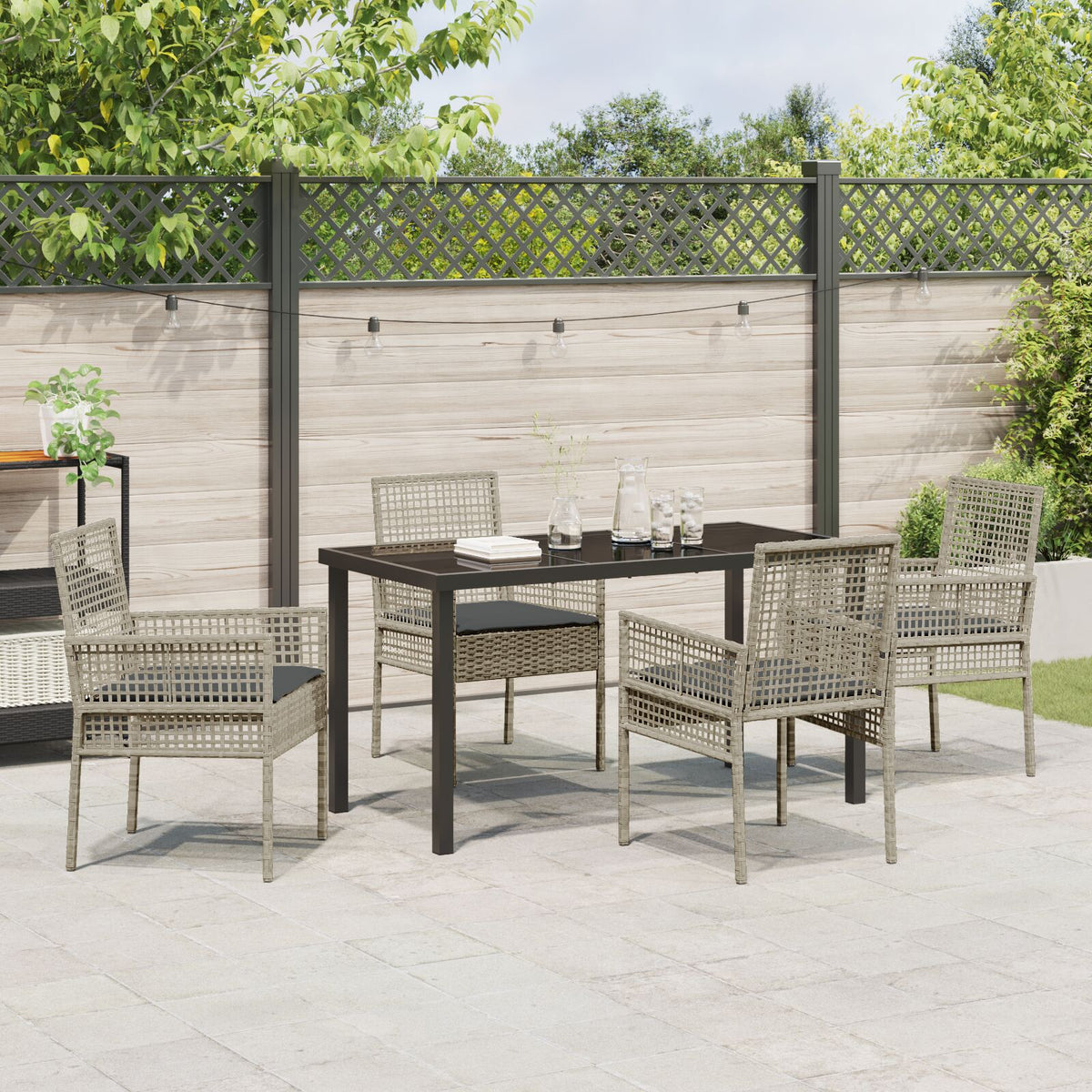 5-teiliges Garten-Essgruppen-Set mit Kissen Hellgrau Poly Rattan
