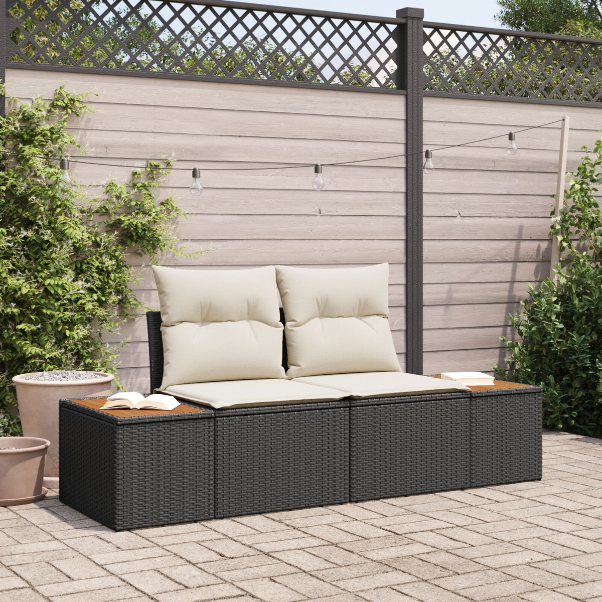 2-Sitzer Gartensofa mit Kissen Schwarz Poly Rattan