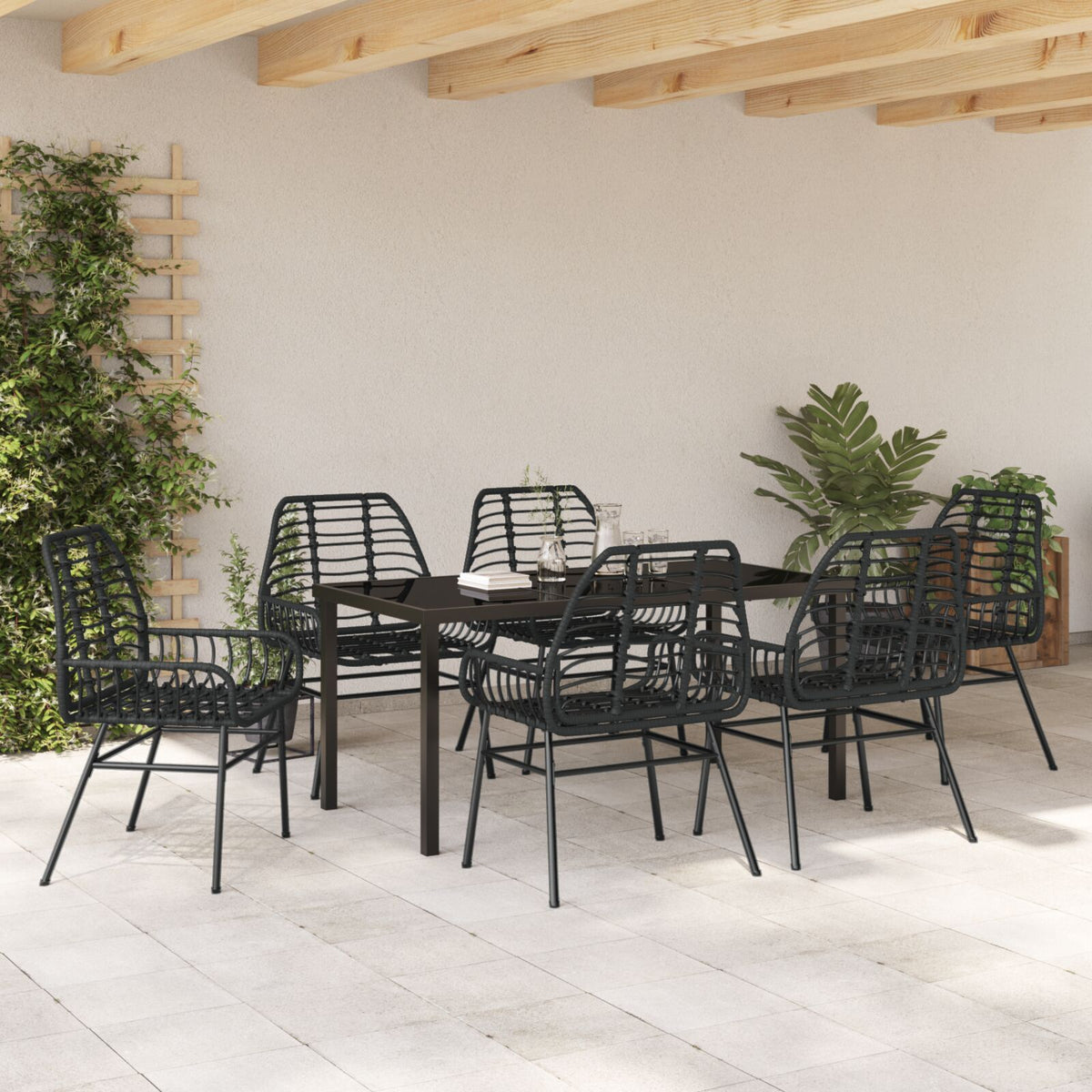 7-teilige Garten-Essgruppe Schwarz Poly-Rattan
