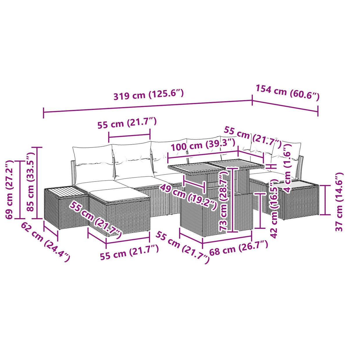 Garten Sofa Set 8-teilig Grau Rattan, Polyester Garten Essgruppe