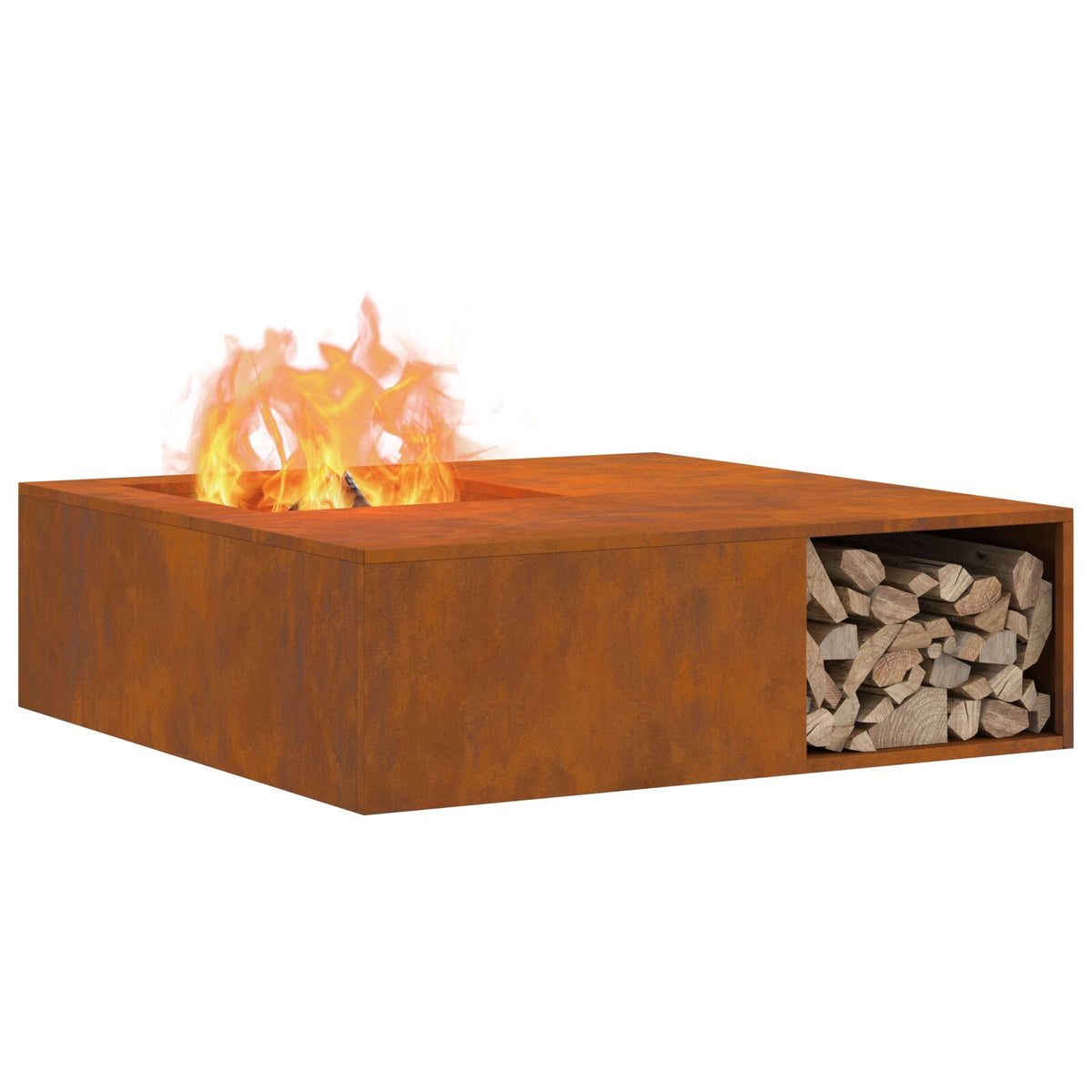 Feuerstelle mit Holzlager 100x100x30 cm Wetterstahl