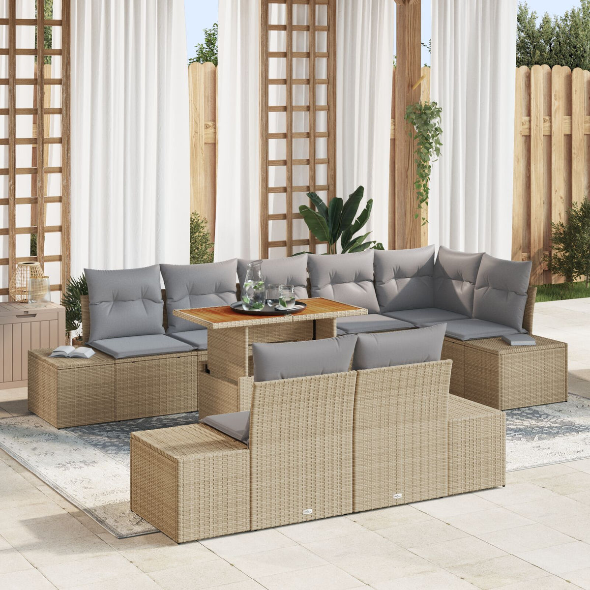 9-teiliges Garten Essgruppe mit Kissen Beige Poly Rattan Akazie