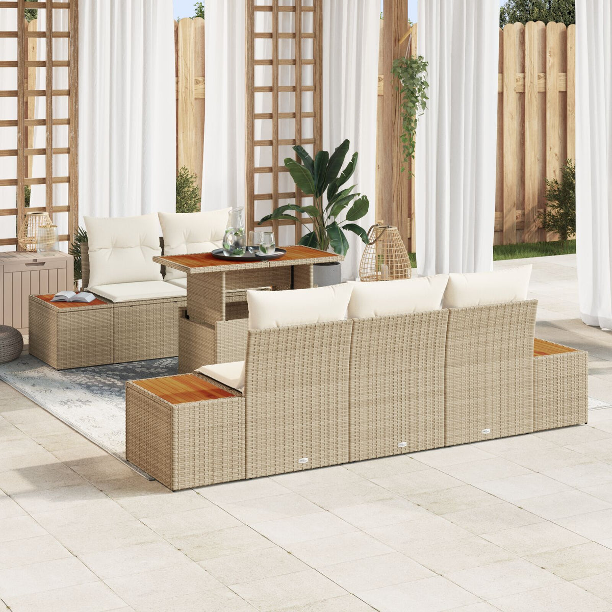 6-teilige Garten Essgruppe mit Kissen Beige Poly Rattan Akazie