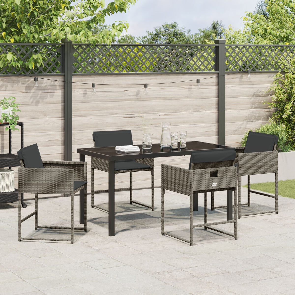 5-teilige Garten-Essgruppe mit Kissen in Grau aus Poly-Rattan