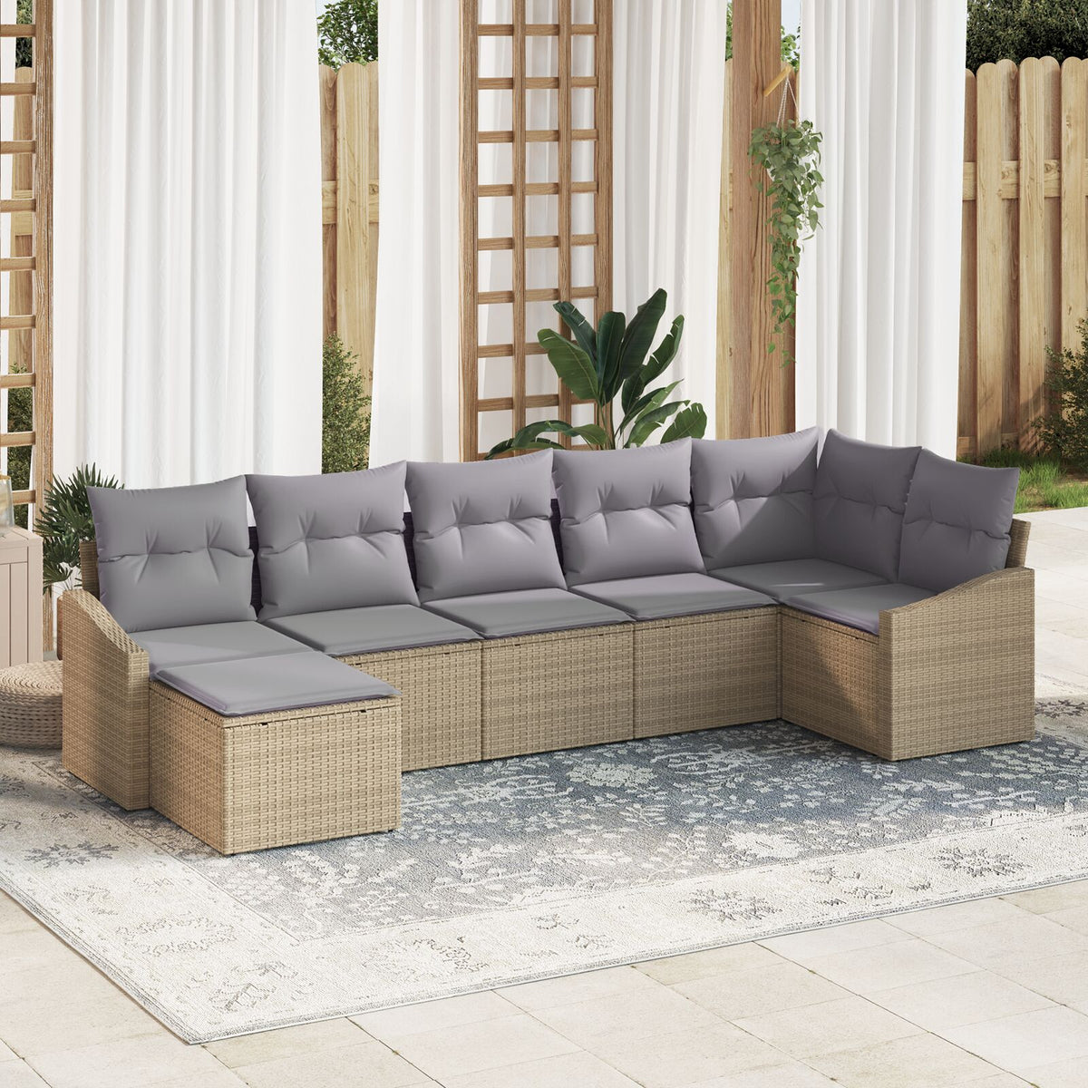 7-teiliges Garten Essgruppe mit Kissen Beige Poly Rattan
