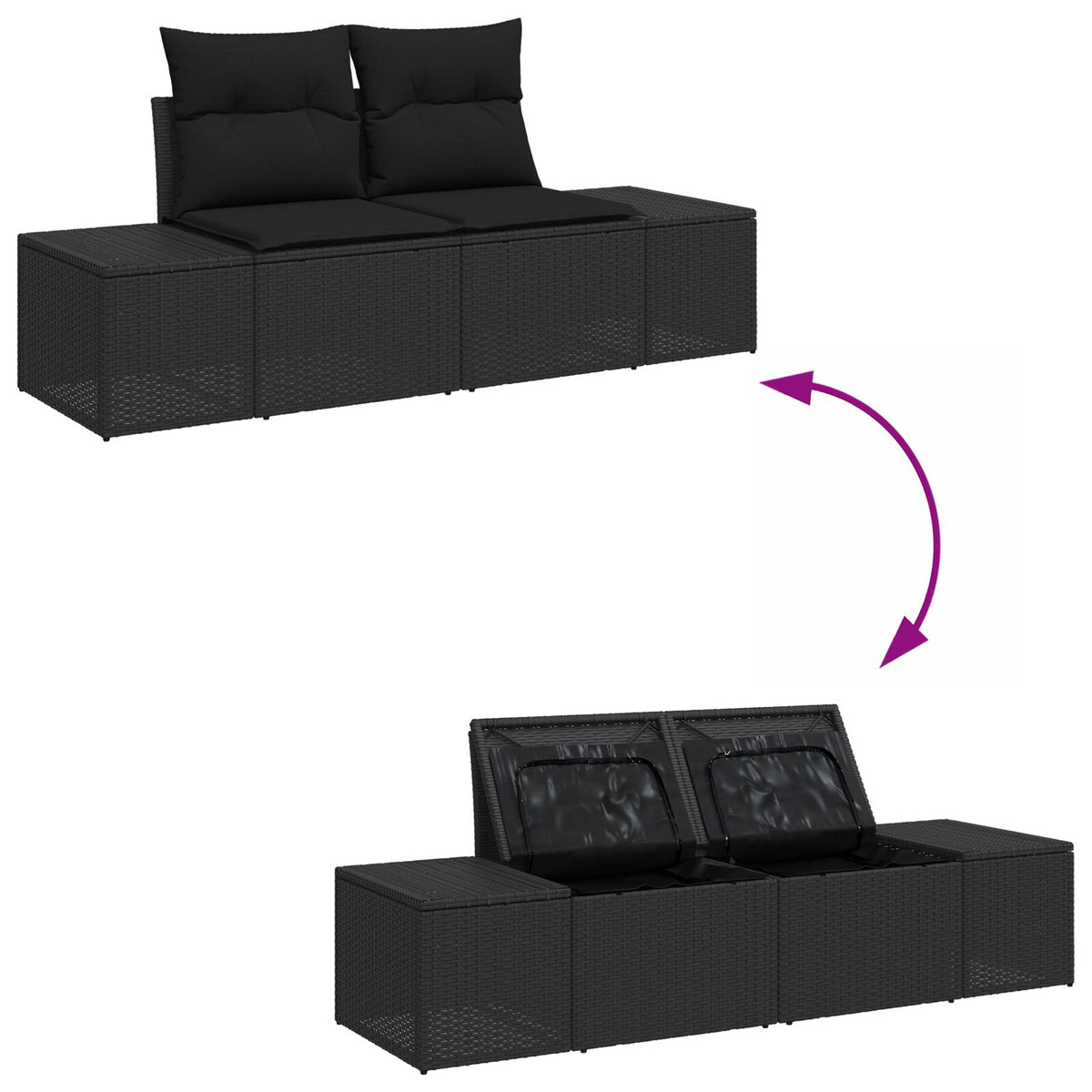 2-Sitzer Garten Sofa mit Stauraum & Kissen Schwarz Poly-Rattan