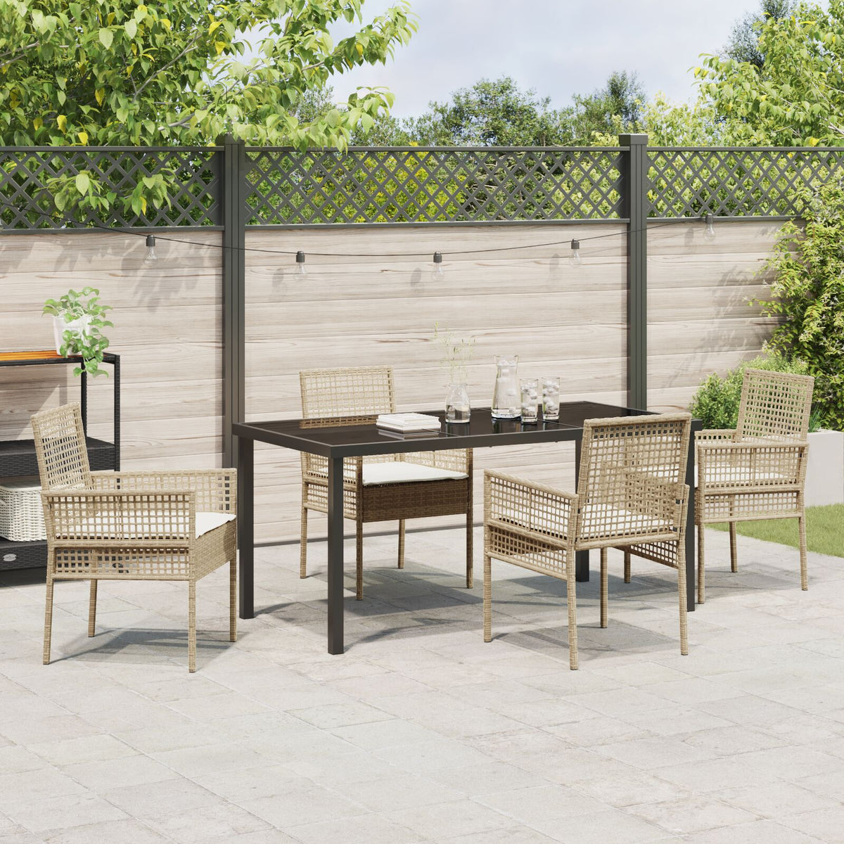 5-teilige Garten Essgruppe mit Kissen Beige Poly Rattan