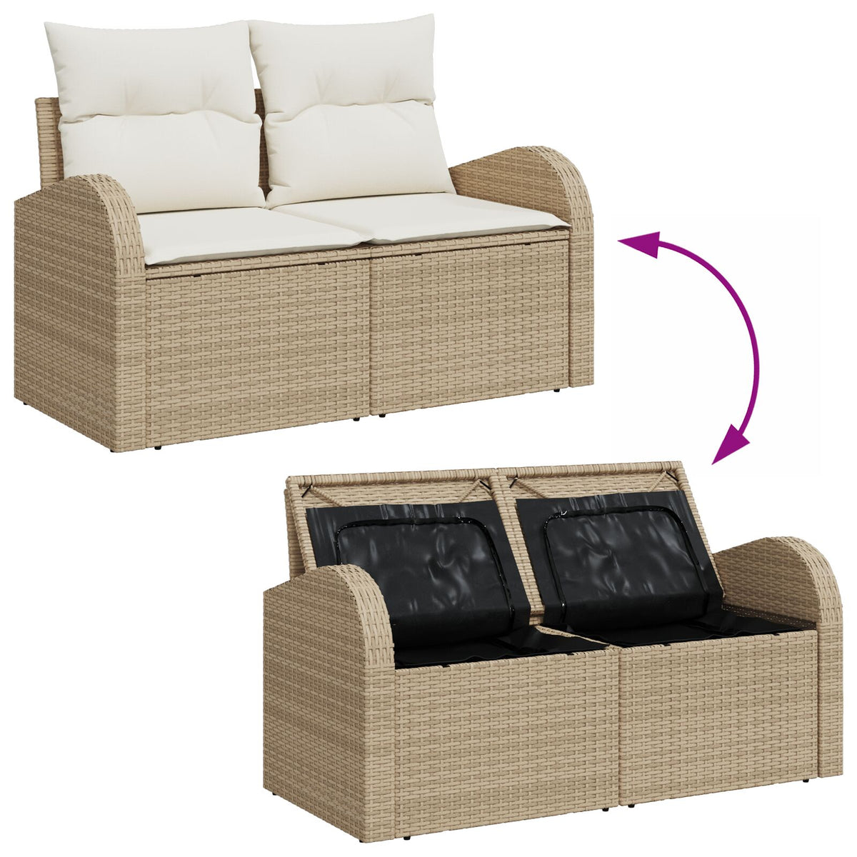 2-Sitzer Garten Sofa mit Stauraum & Kissen Beige Poly-Rattan
