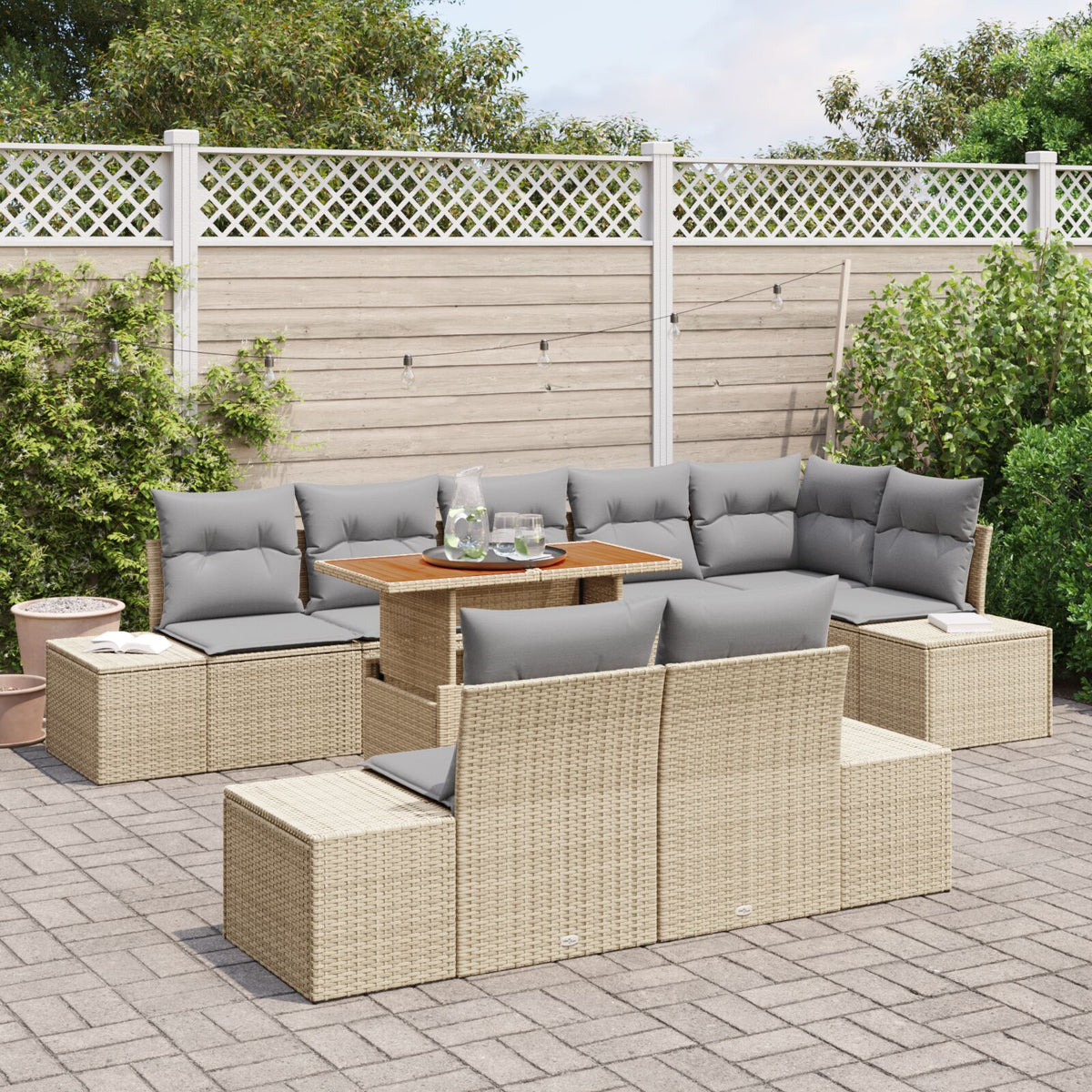 9-teiliges Garten Essgruppe mit Kissen Beige Poly Rattan Akazie