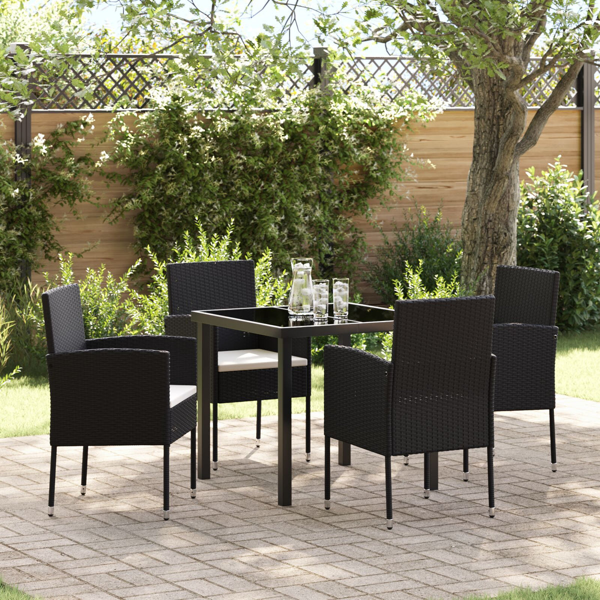 5-teiliges Garten Essgruppen Set mit Kissen schwarzes Poly-Rattan