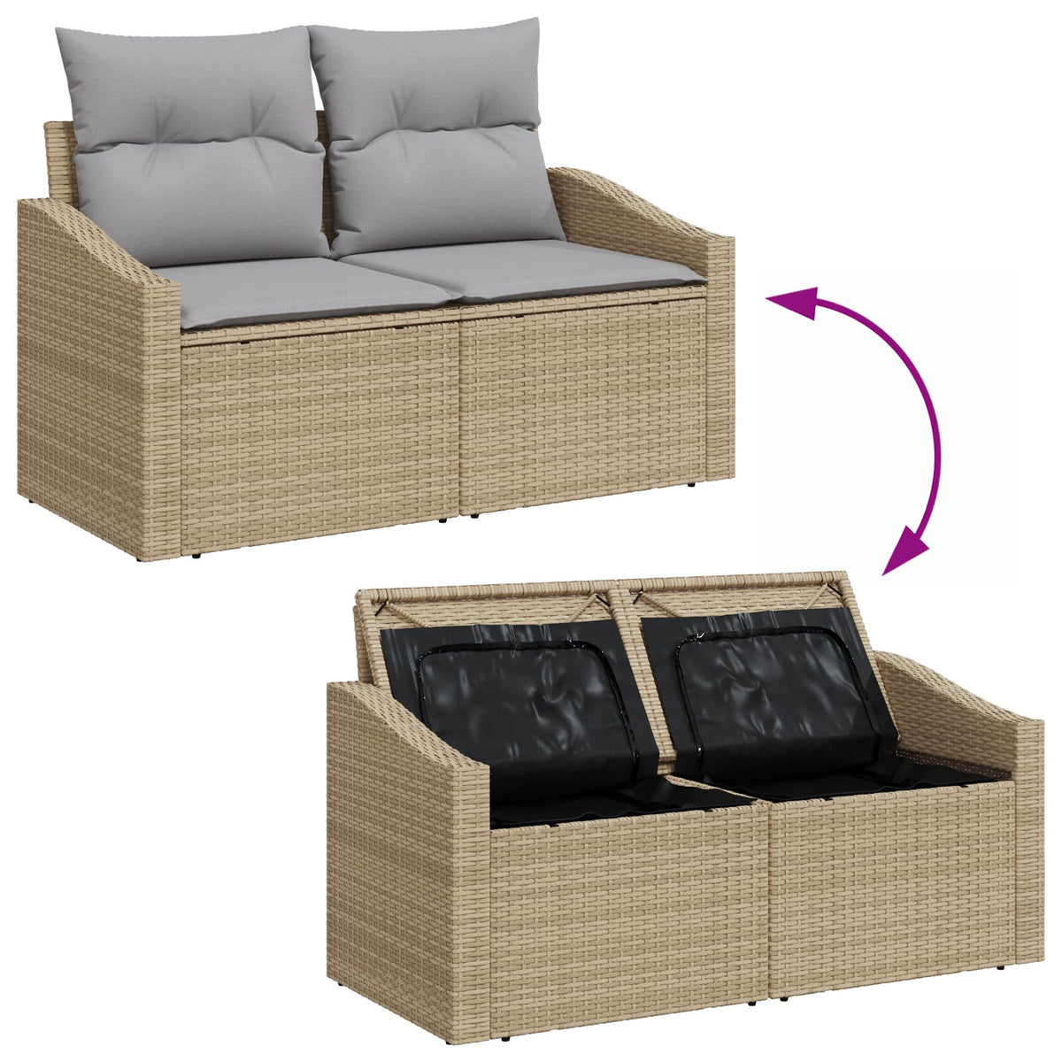 2-Sitzer Garten Sofa mit Stauraum und Kissen Beige Poly-Rattan