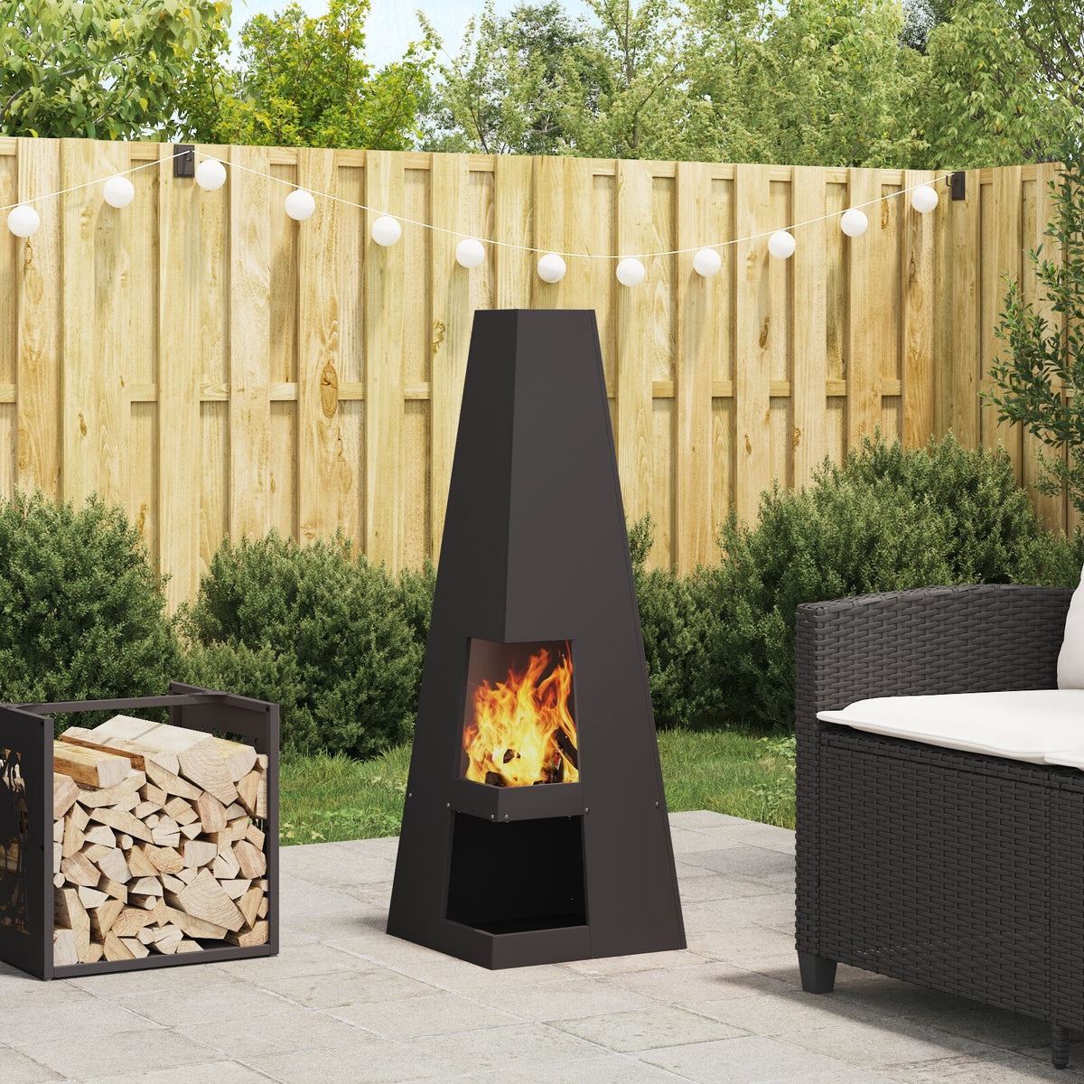 Feuerstelle mit Holzlager Schwarz 35x35x100 cm Stahl