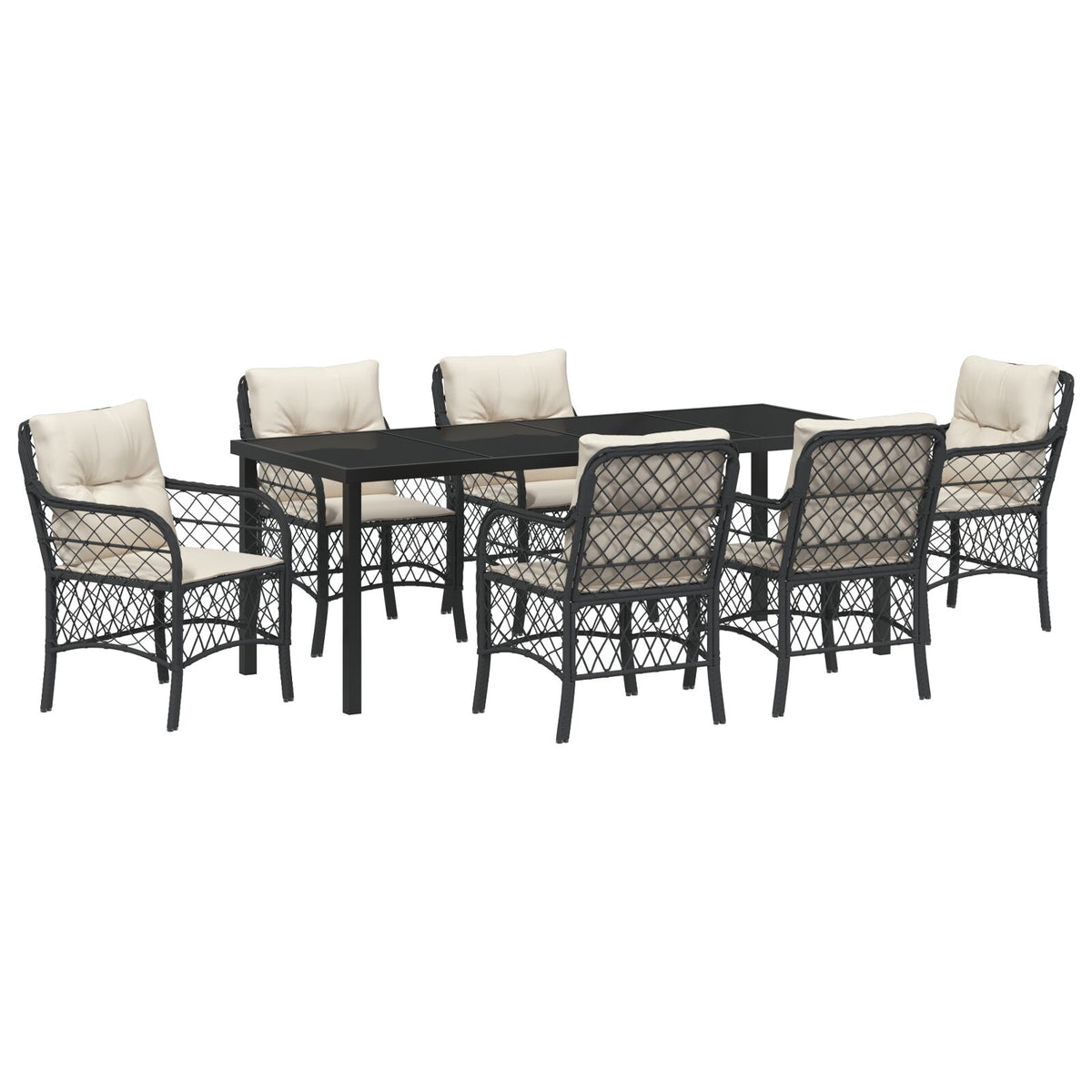 7-teilige Garten-Essgruppe mit Kissen Schwarzes Poly-Rattan