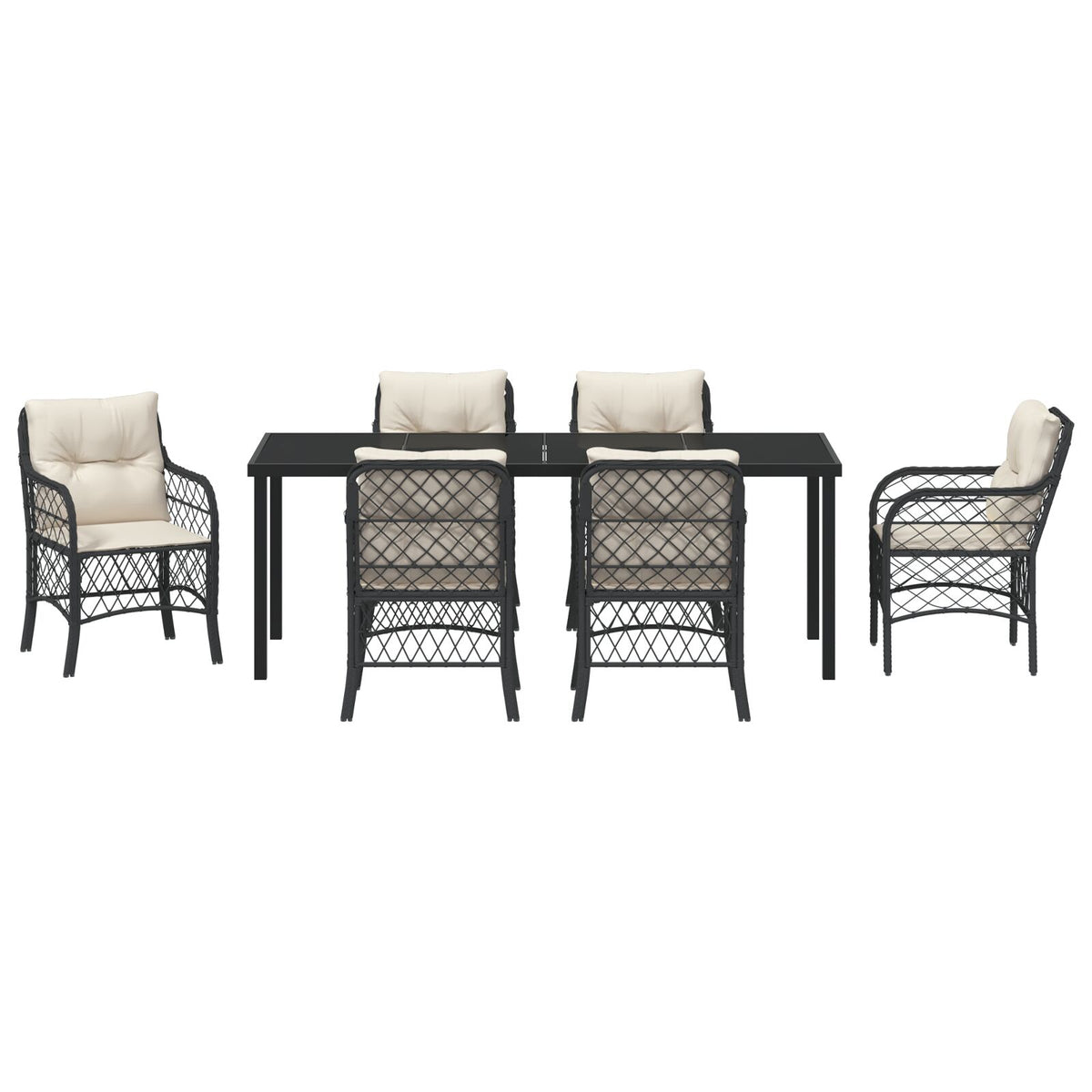 7-teilige Garten-Essgruppe mit Kissen Schwarzes Poly-Rattan