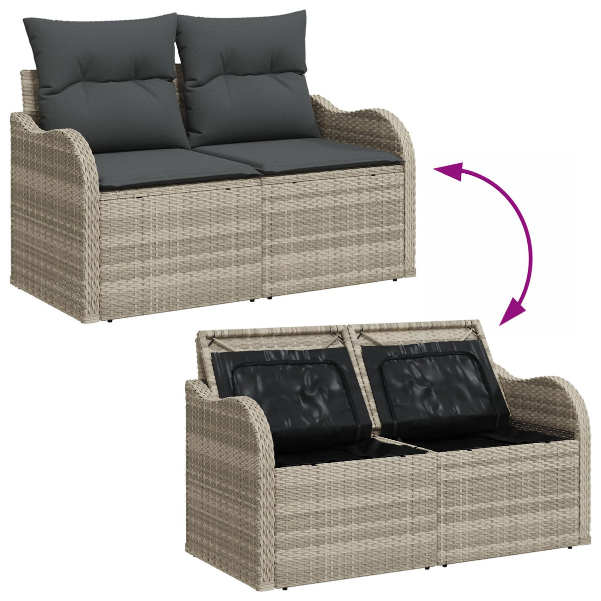2-Sitzer Gartensofa mit Stauraum und Kissen Hellgrau Poly Rattan