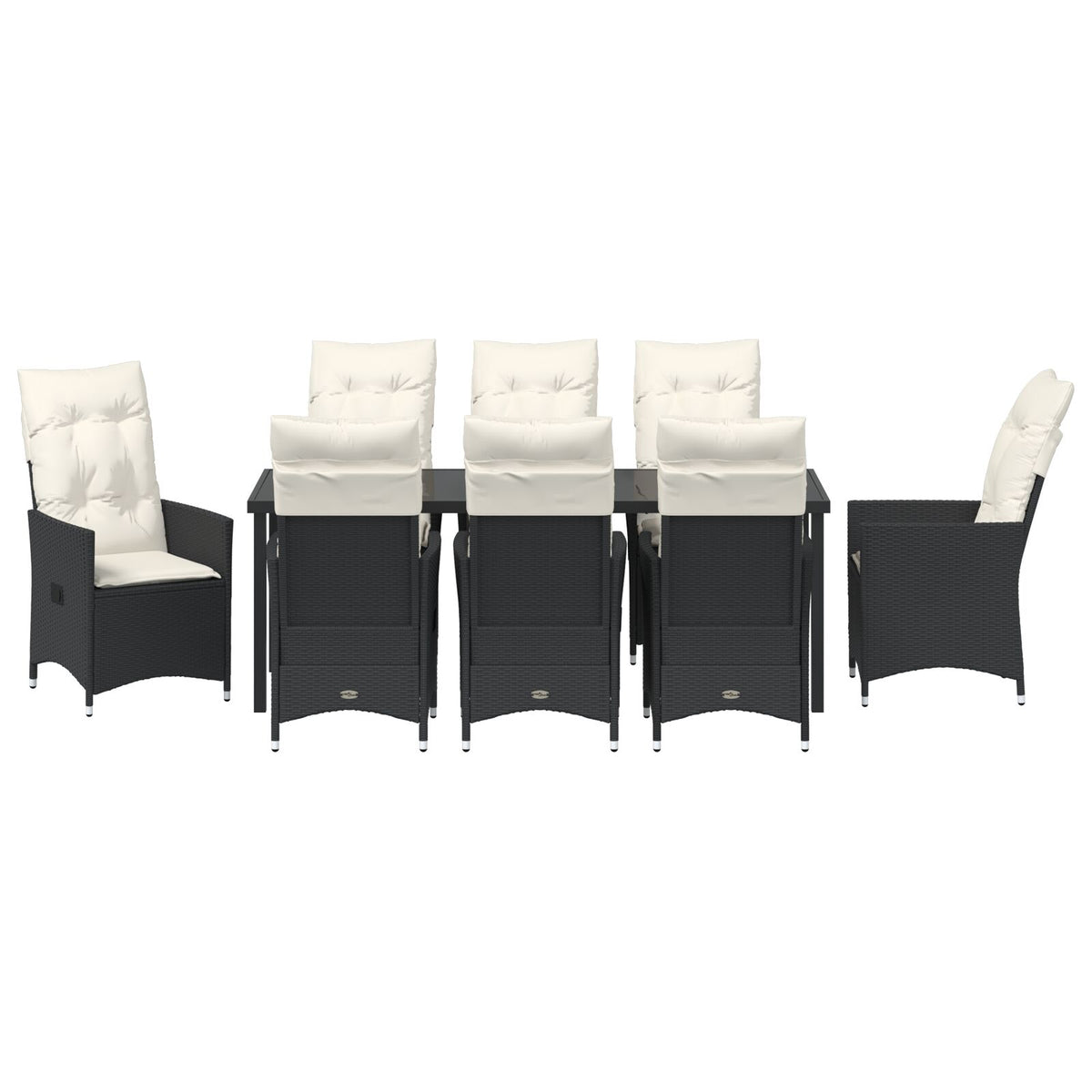 9-teiliges Garten-Essgruppe mit Kissen, schwarzes Poly-Rattan