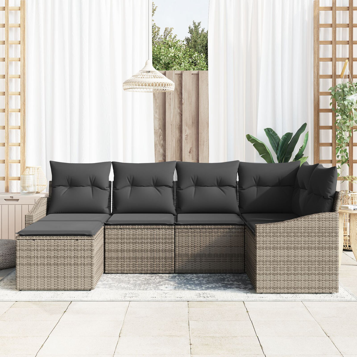 6-teilige Garten-Essgruppe mit Kissen Grau Poly Rattan