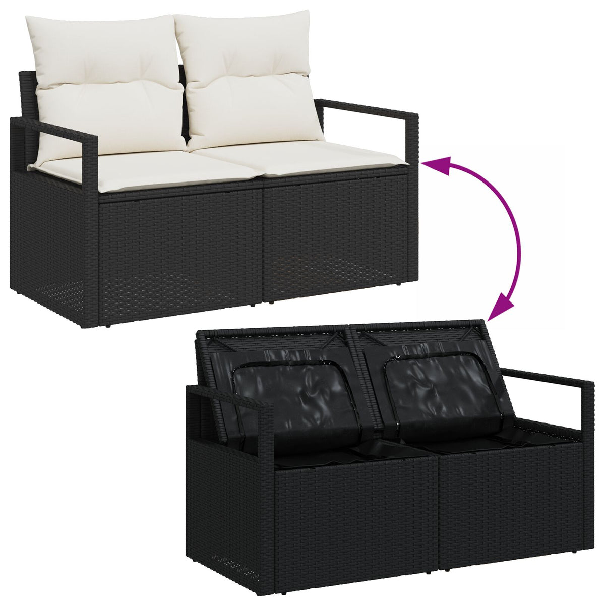 2-Sitzer Gartensofa mit Stauraum und Kissen Schwarz Poly Rattan