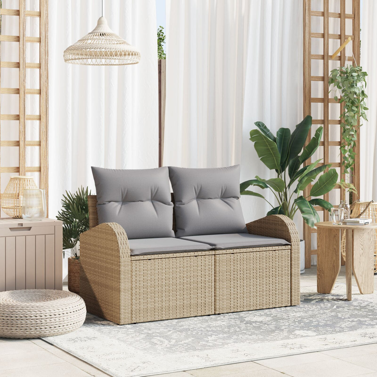 2-Sitzer Garten Sofa mit Kissen Beige Poly Rattan