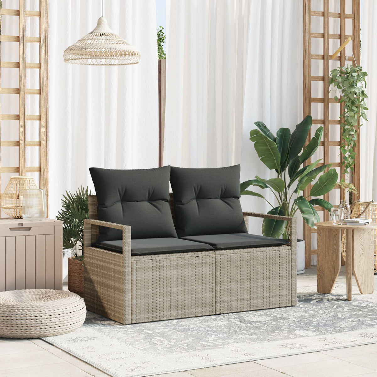 2-Sitzer Garten Sofa mit Stauraum und Kissen Grau Poly Rattan