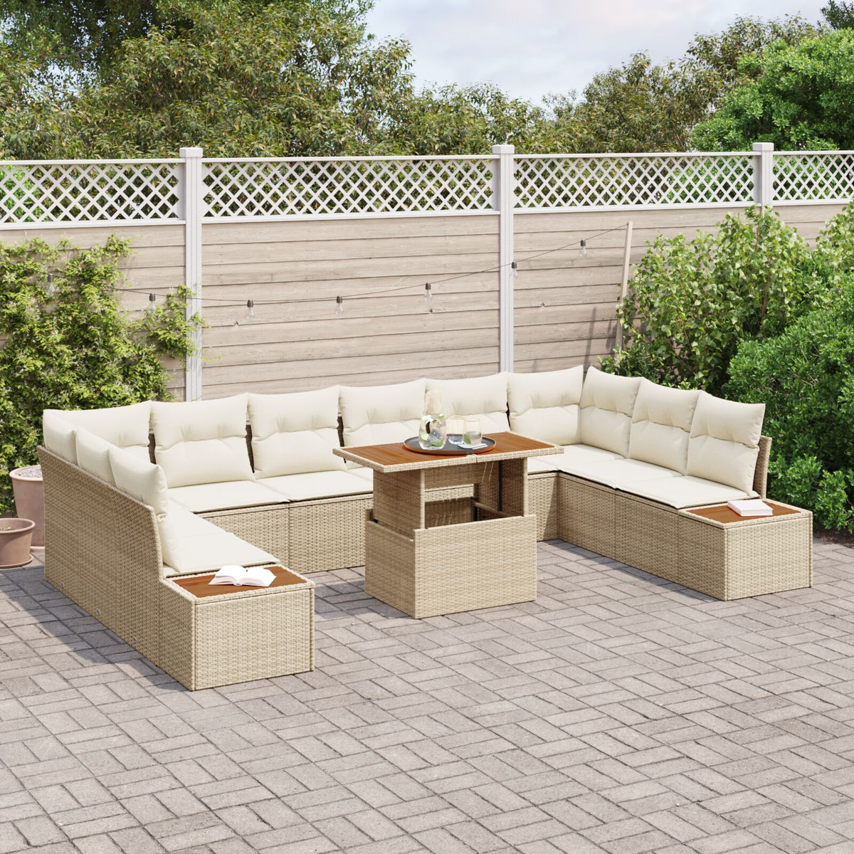 11-teilige Garten-Essgruppe mit Kissen Beige Poly-Rattan Akazie
