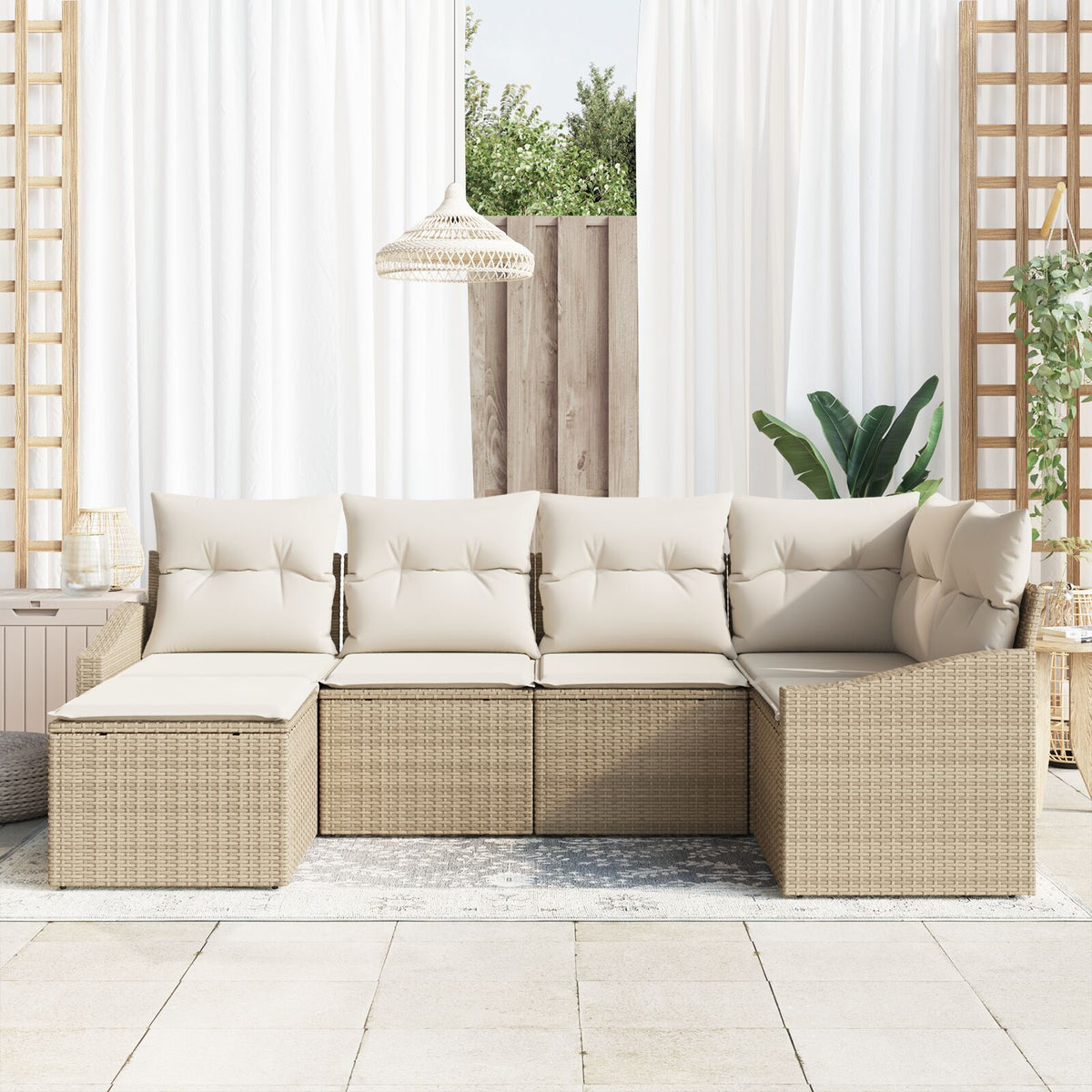 6-teiliges Garten-Essgruppen-Set mit Kissen Beige Poly-Rattan