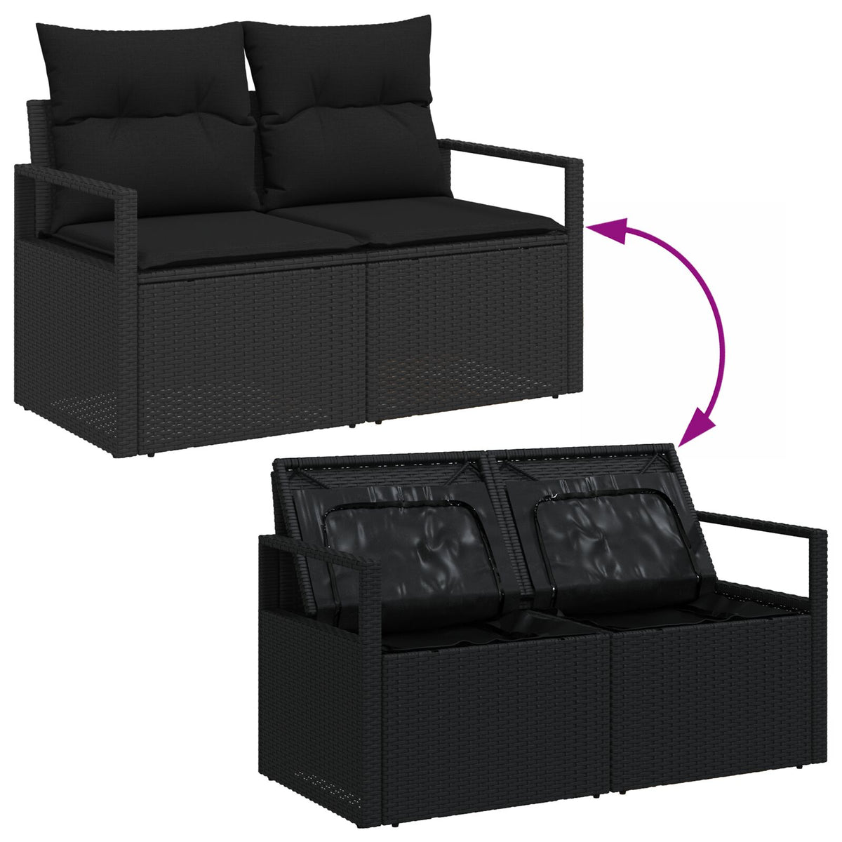2-Sitzer Gartensofa mit Stauraum und Kissen Schwarz Poly Rattan
