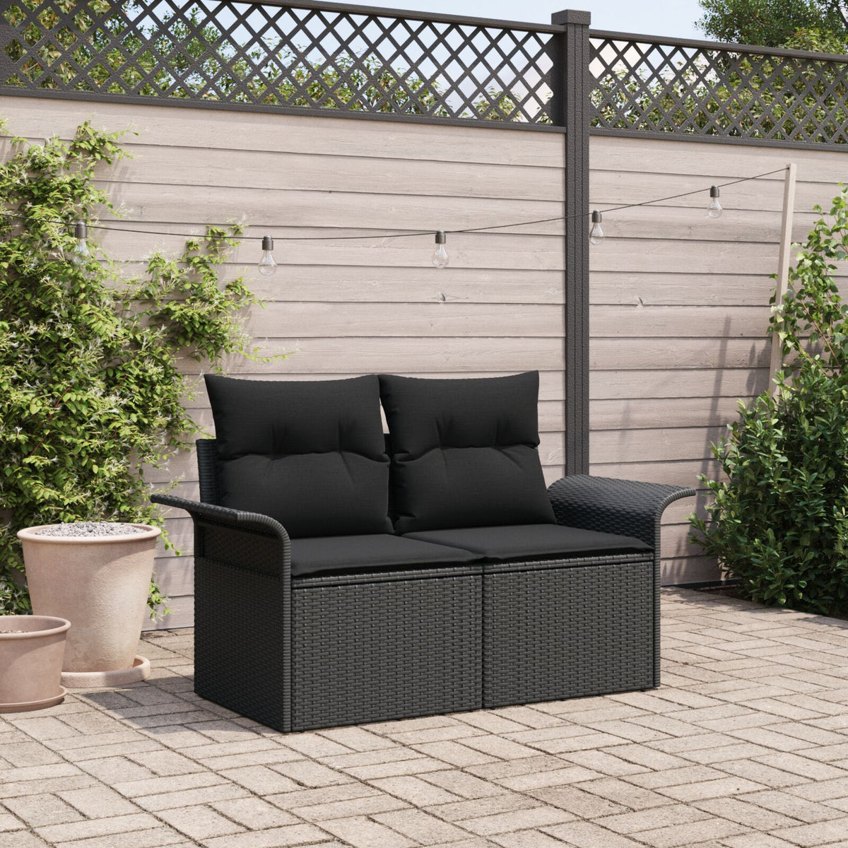 2-Sitzer Garten Sofa mit Kissen Schwarz Poly-Rattan