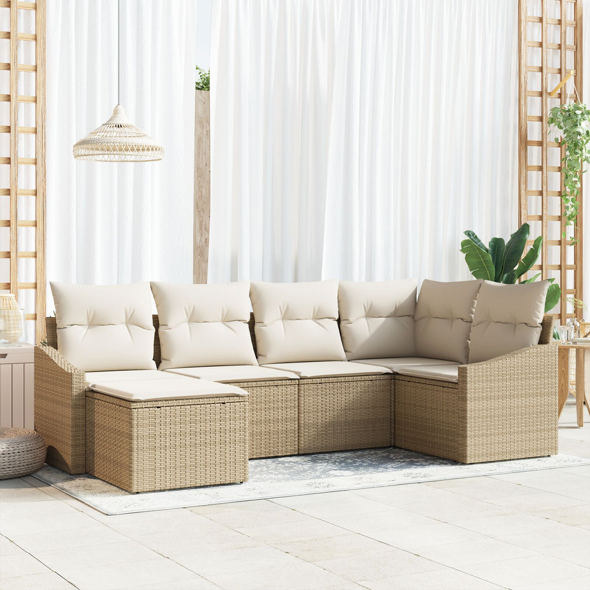 6-teiliges Garten-Essgruppen-Set mit Kissen Beige Poly-Rattan