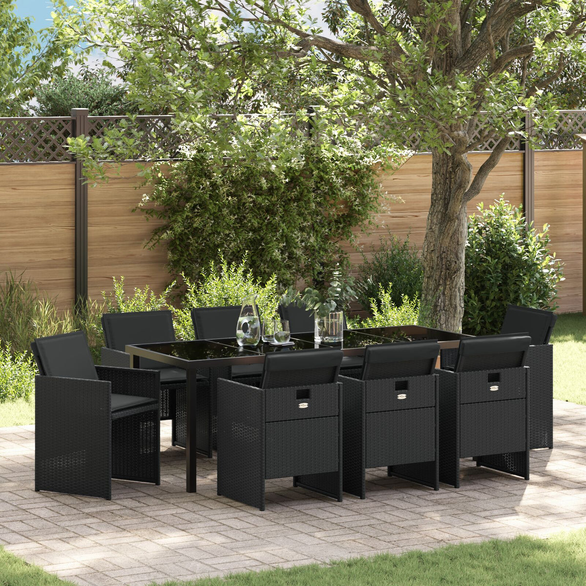 9-teilige Garten Essgruppe mit Kissen - Schwarzes Poly-Rattan