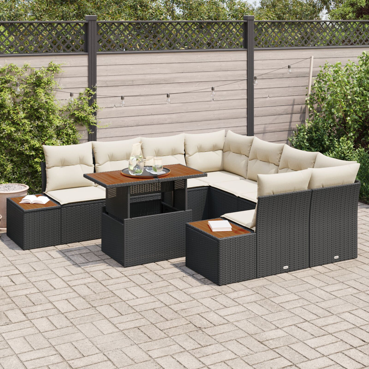 9-teilige Garten Essgruppe mit Kissen Schwarz Poly Rattan Akazie