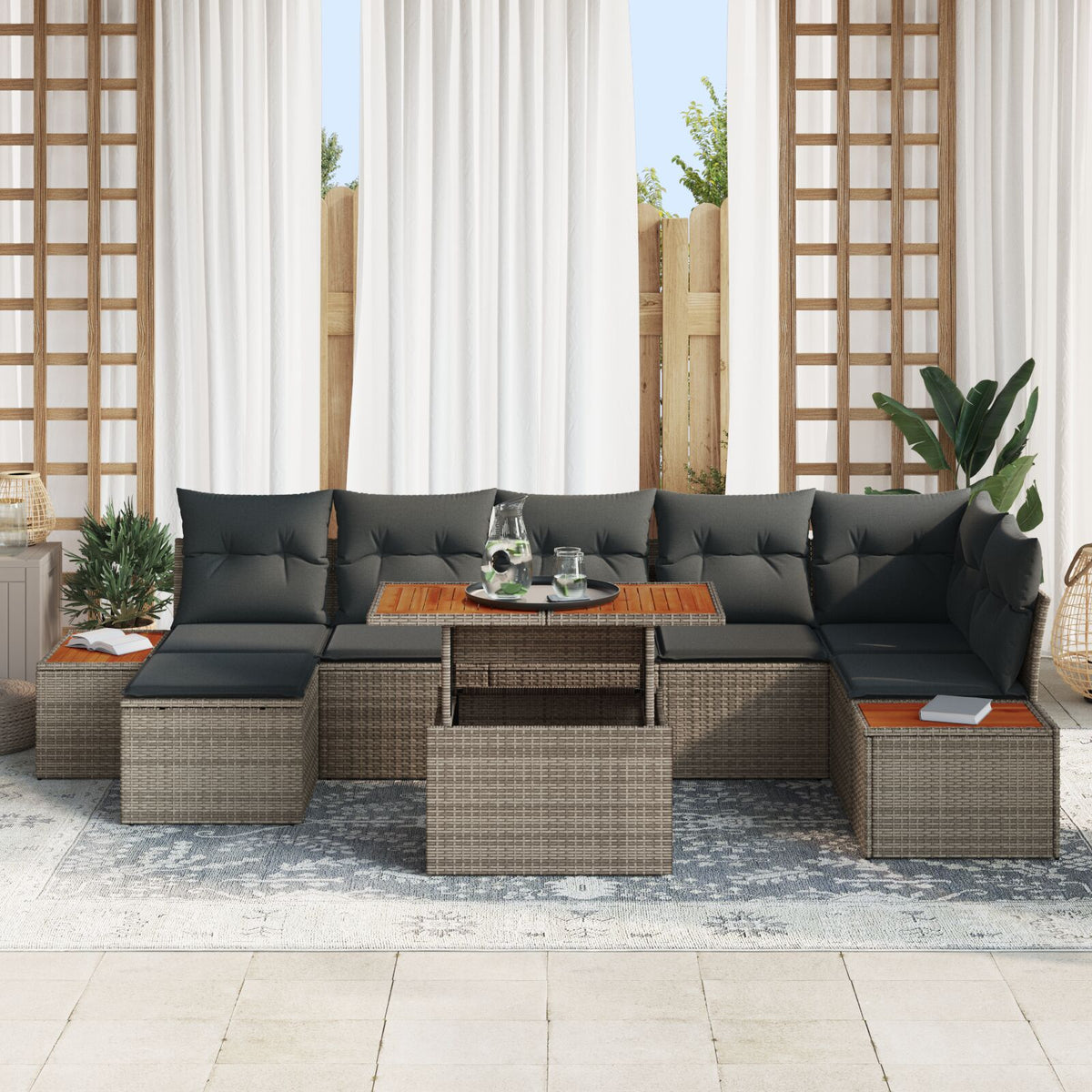 Garten Sofa Set 8-teilig Grau Rattan, Polyester Garten Essgruppe