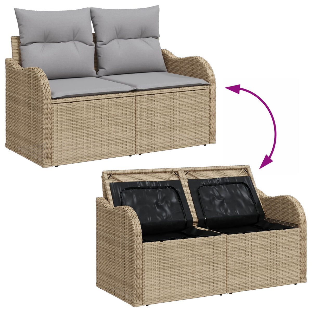 2-Sitzer Garten-Sofa mit Stauraum und Kissen Beige Poly Rattan