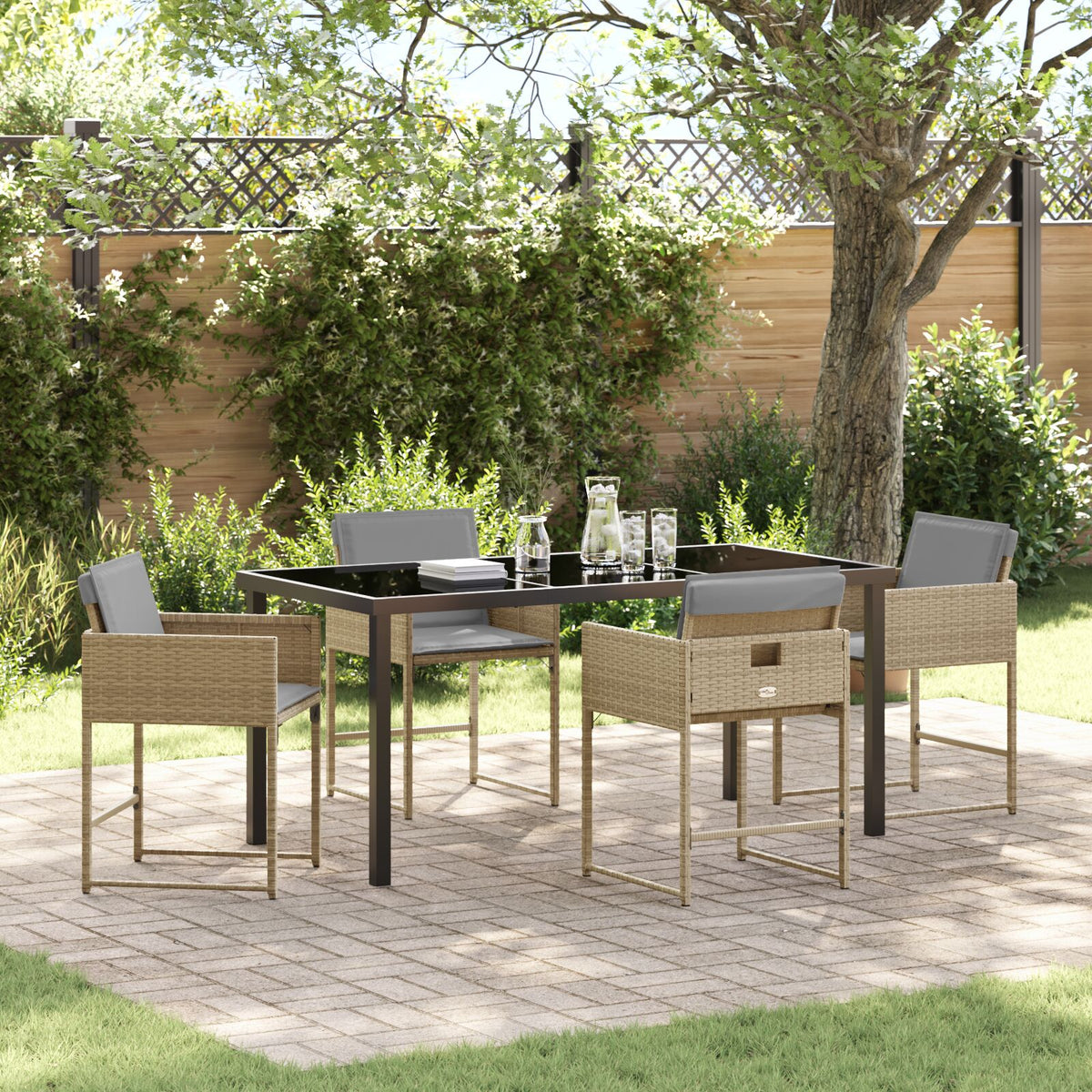 5-teiliges Garten Essgruppe mit Kissen Beige Poly Rattan