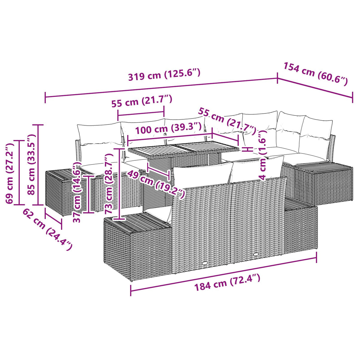 9-teiliges Garten Essgruppe mit Kissen Beige Poly Rattan Akazie