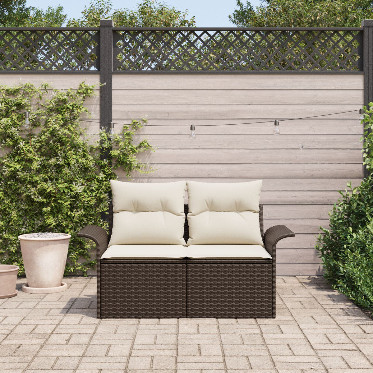 2-Sitzer Gartenbank mit Kissen Braun Poly-Rattan