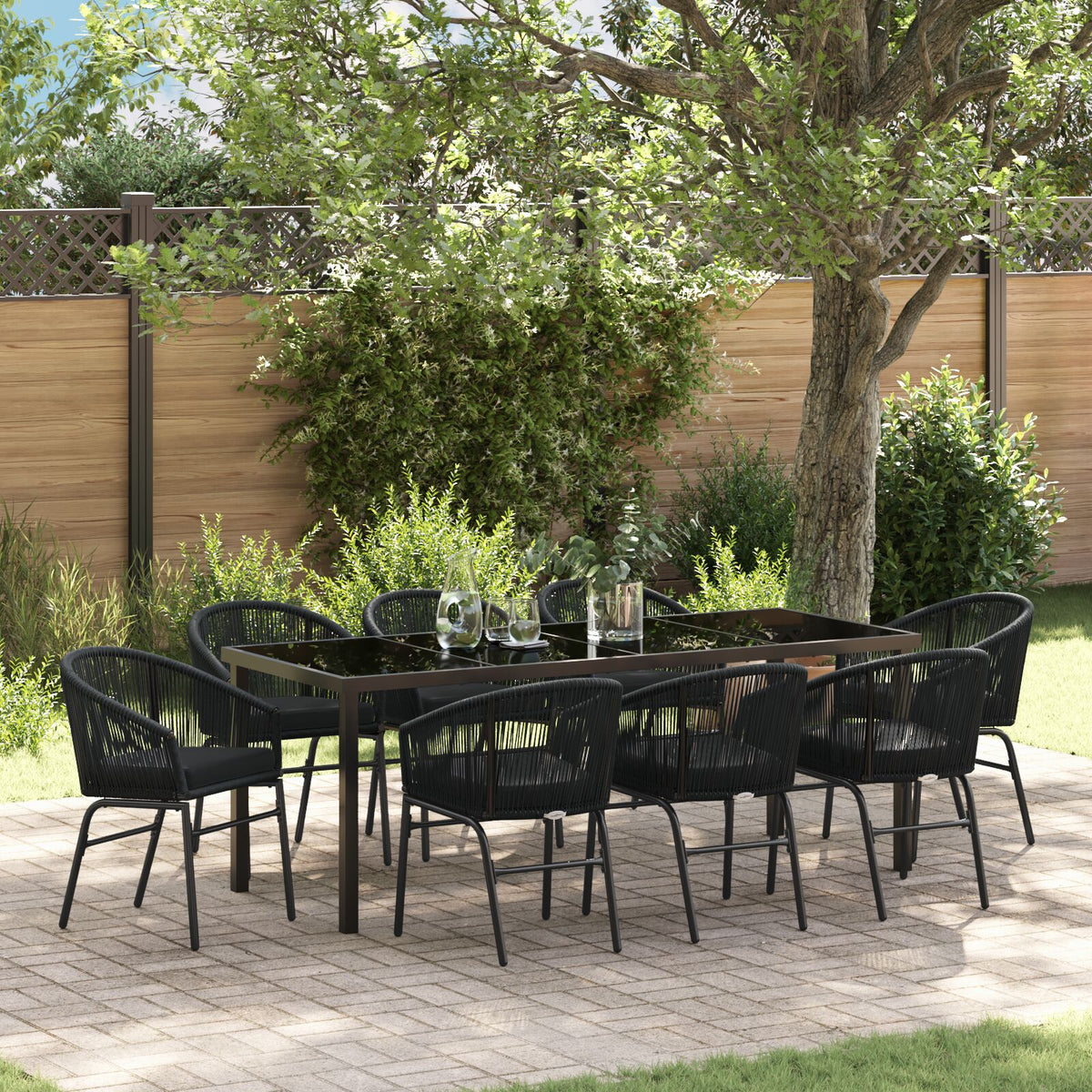 9-teiliges Garten-Essgruppe Schwarz Poly-Rattan