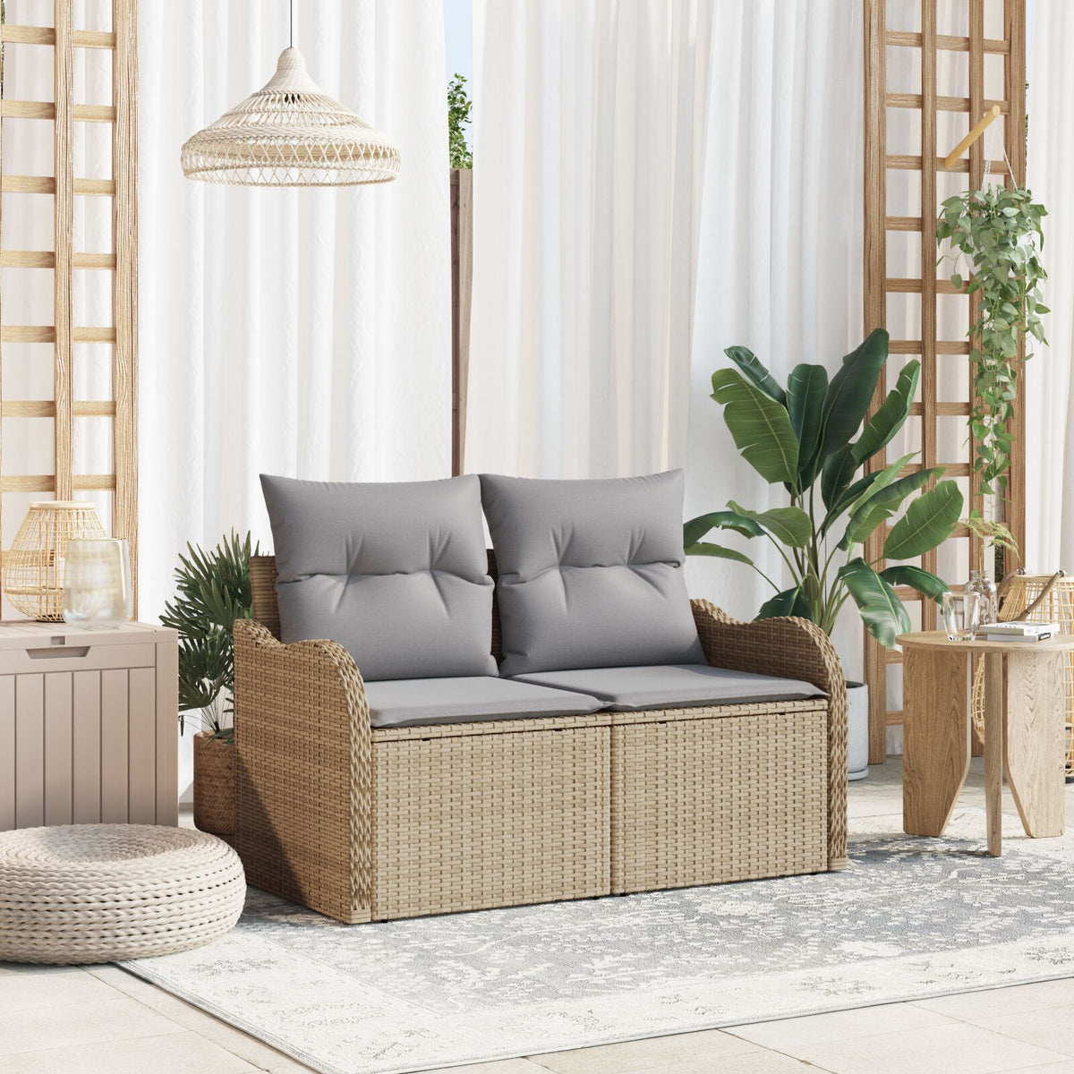2-Sitzer Garten-Sofa mit Stauraum und Kissen Beige Poly Rattan