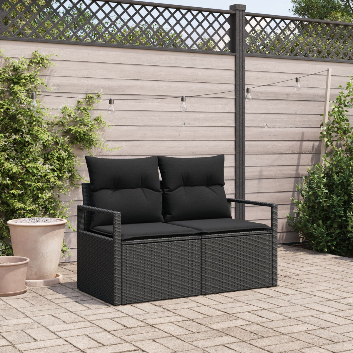 2-Sitzer Gartensofa mit Stauraum und Kissen Schwarz Poly Rattan
