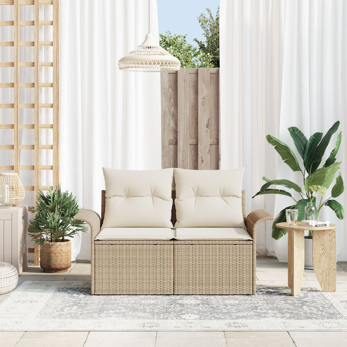 2-Sitzer Gartensofa mit Kissen Beige Polyrattan