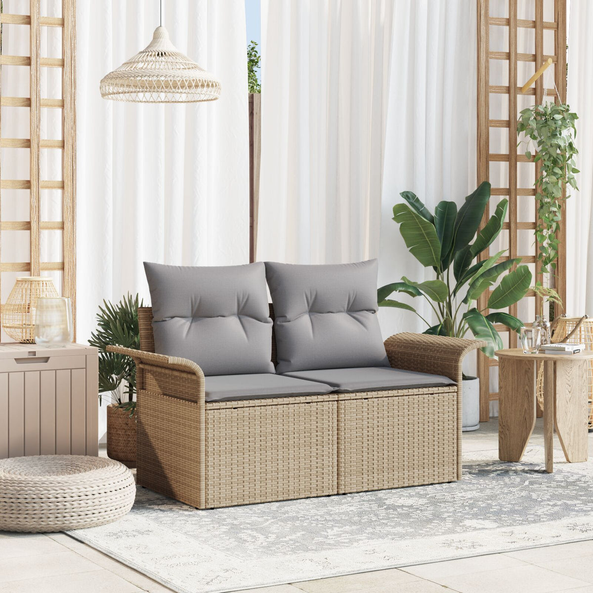 2-Sitzer Garten-Sofa mit Kissen Beige Poly Rattan
