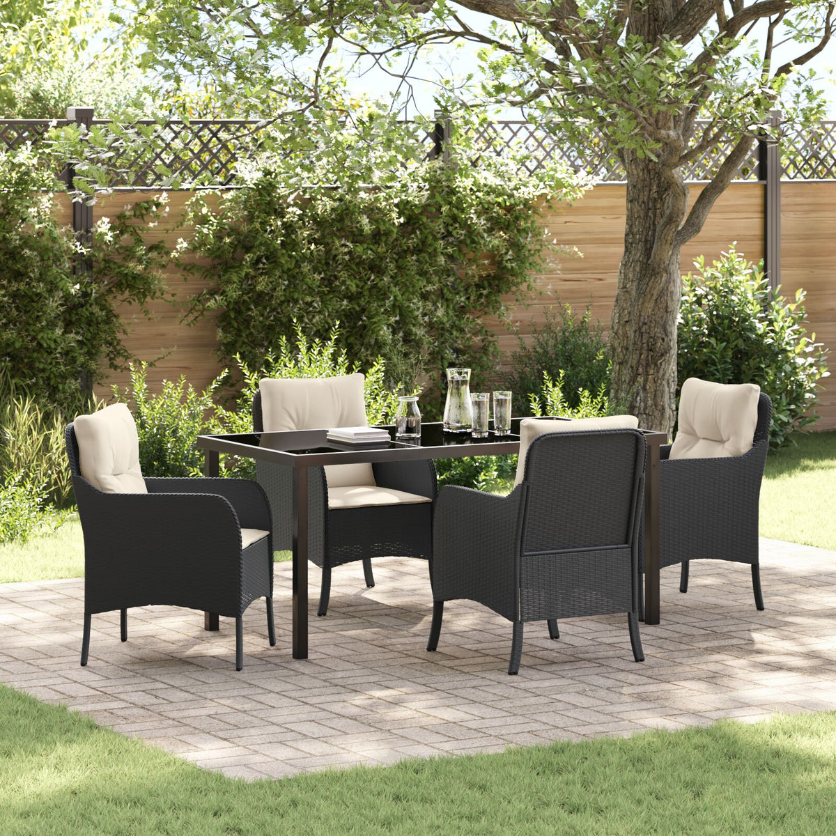 5-teilige Garten Essgruppe mit Kissen Schwarz Poly Rattan