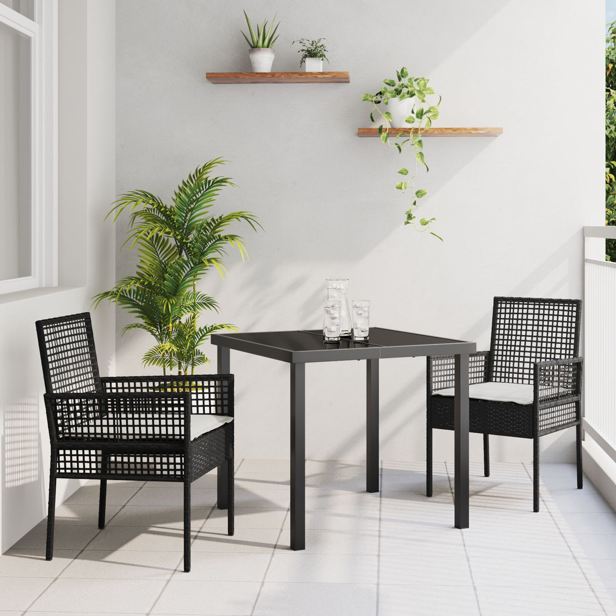 3-teilige Garten-Essgruppe mit Kissen Hellgrau Poly Rattan